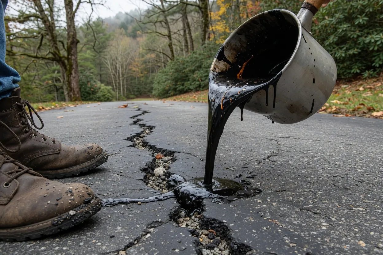 Illustration: hot rubberized crack sealer run into driveway cracks