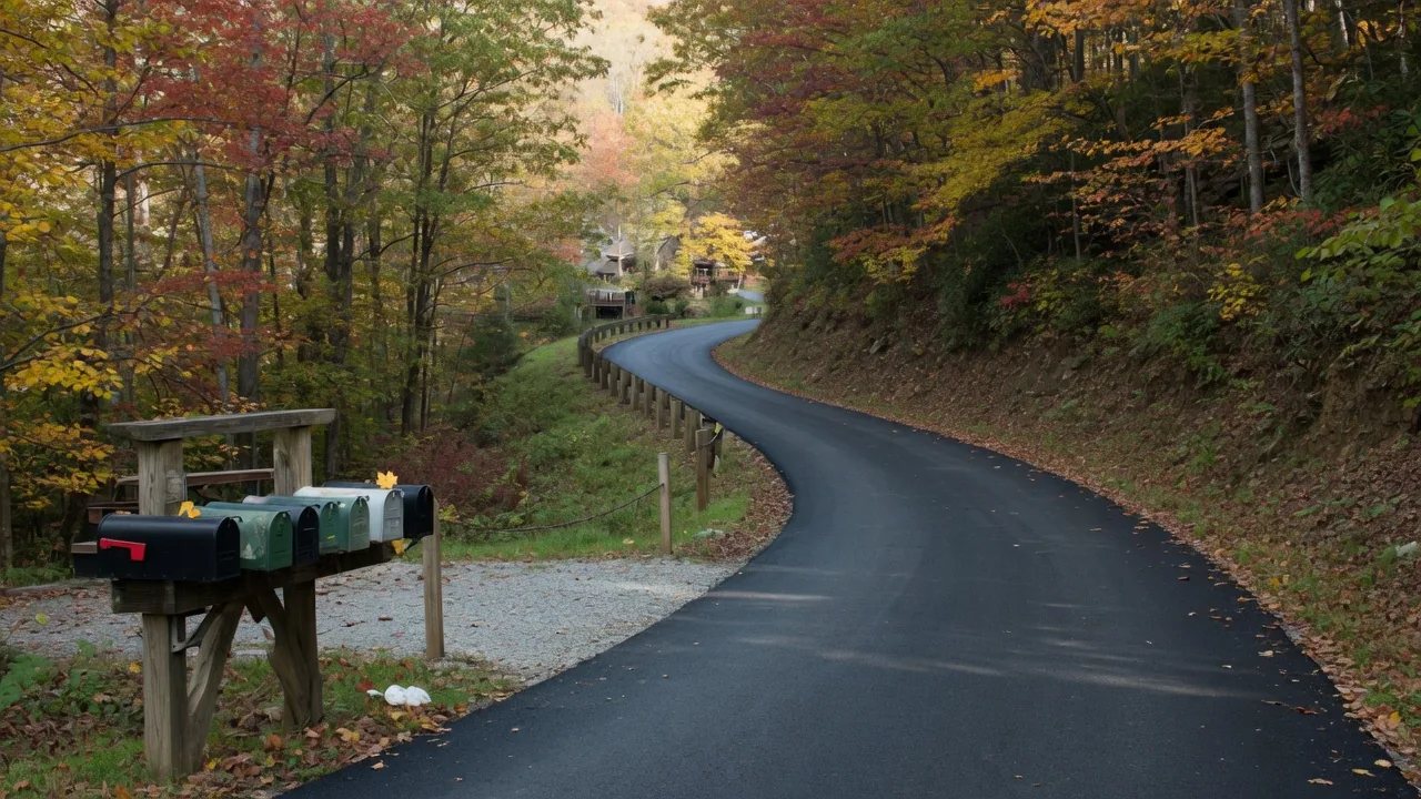 Illustration: a private mountain road paved between the ditches