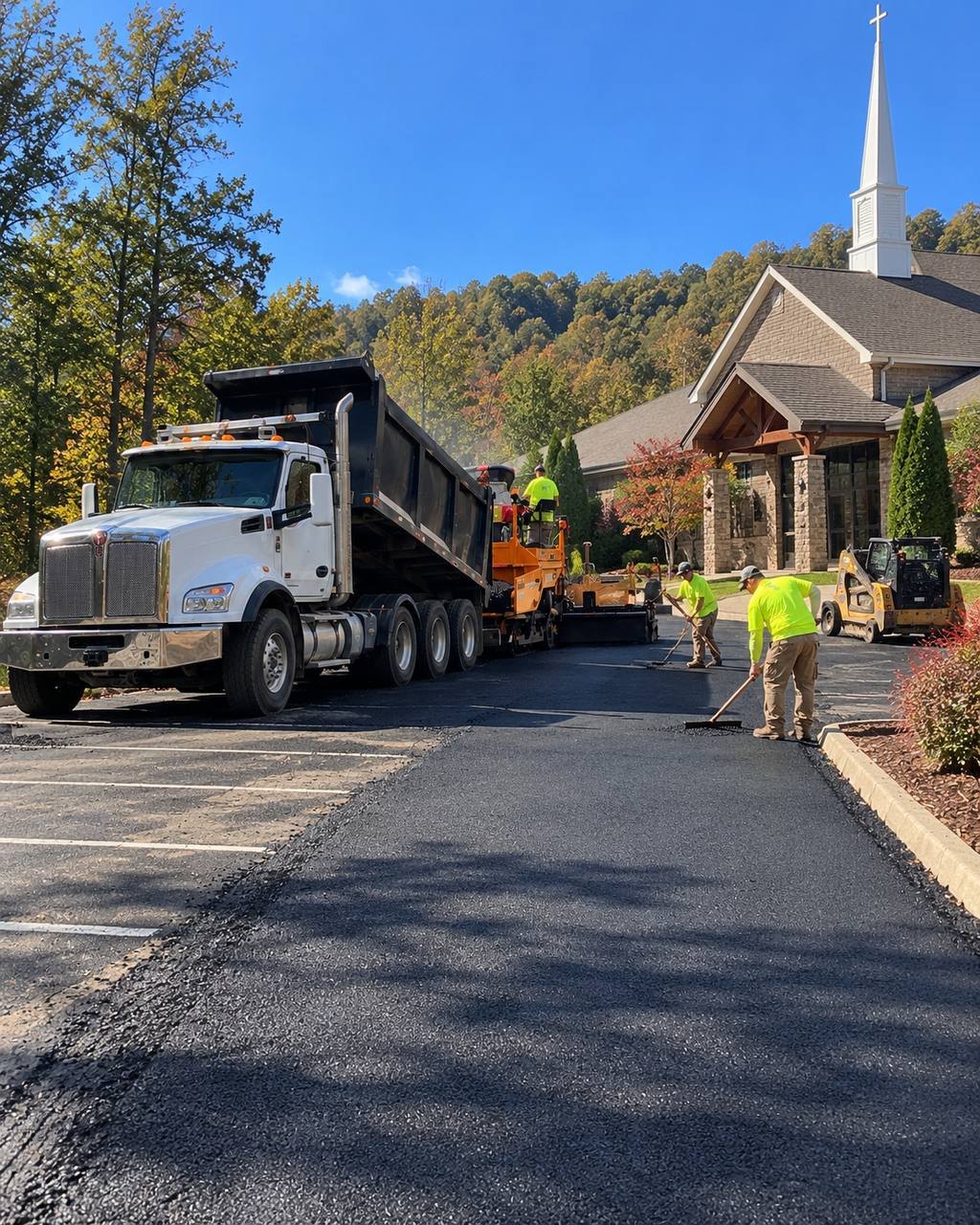 Illustration: A paving crew laying a fresh lane across a church parking lot.