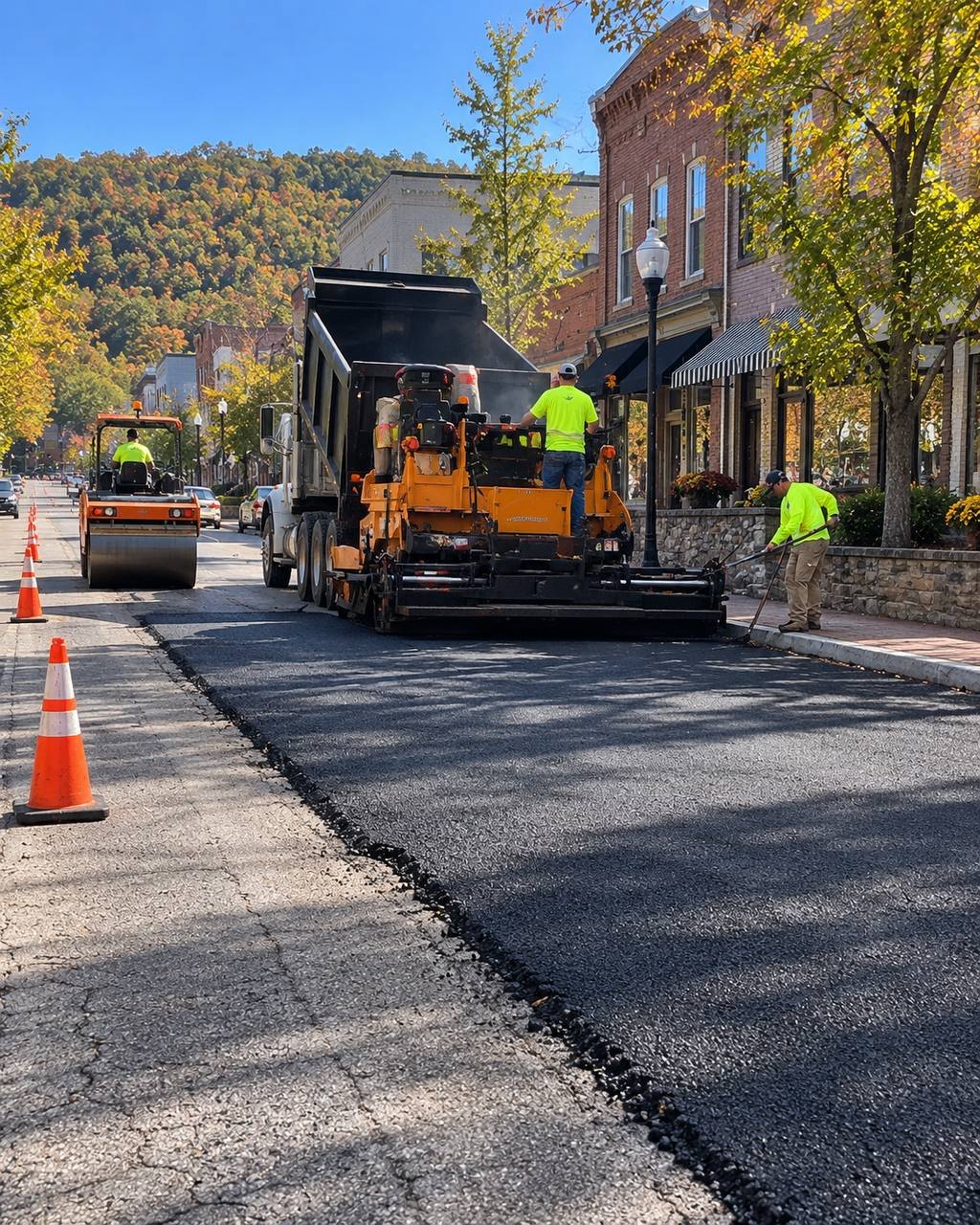 Illustration: A new asphalt overlay going down on a downtown street, with the paver and roller in the lane.