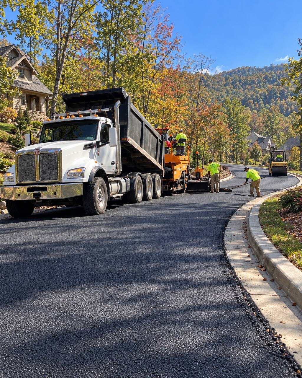 Illustration: A dump truck feeding a paver on a curving residential street, with a roller finishing behind.