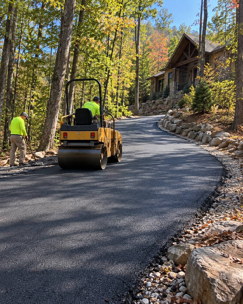 Illustration: A roller compacting fresh asphalt on a steep wooded driveway up to a mountain home.